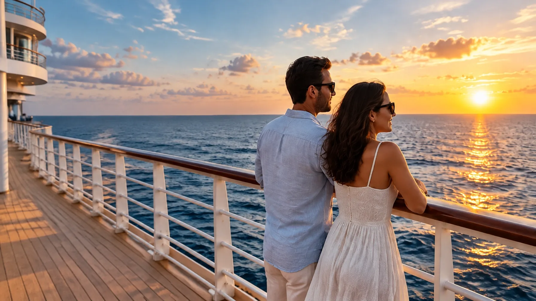 A couple enjoying a sunset view from a cruise ship deck